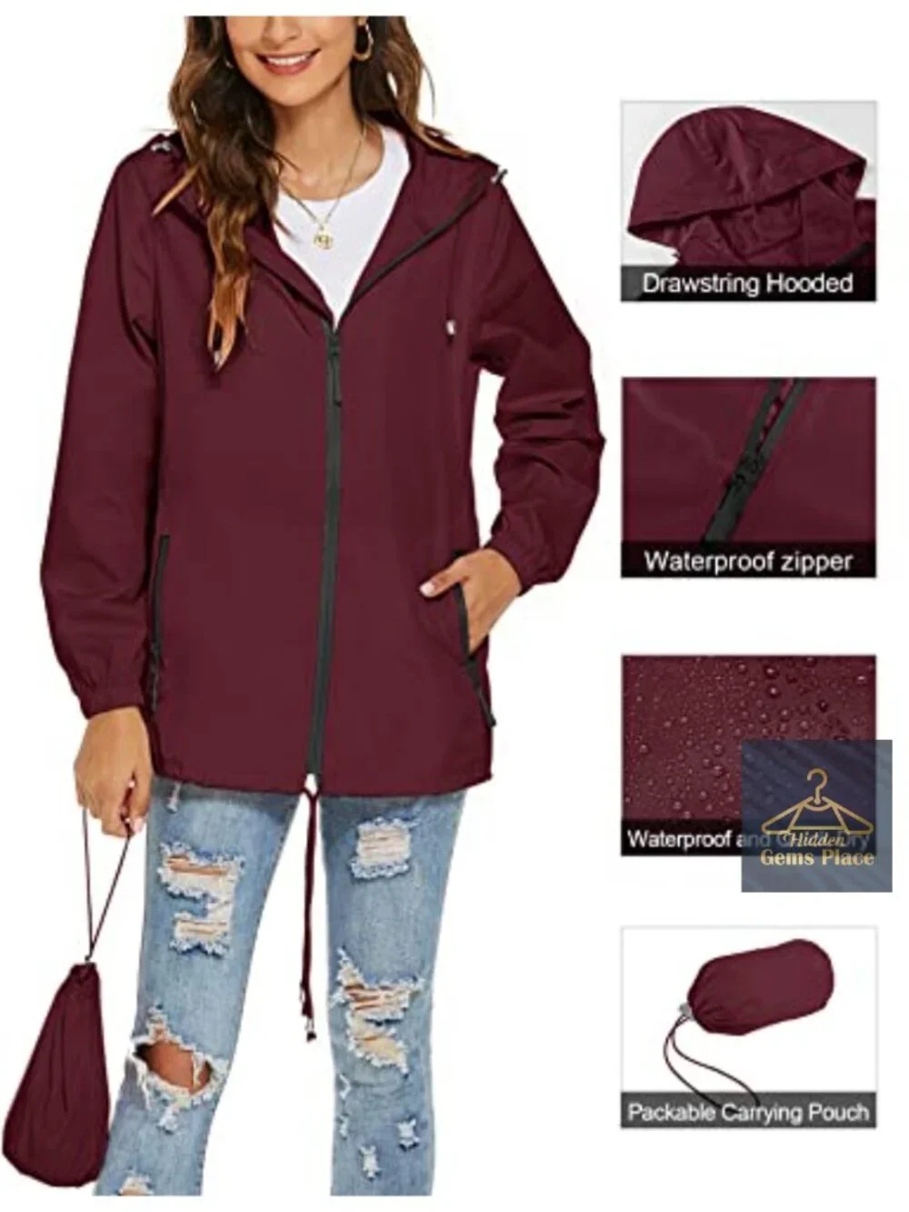 Women's Waterproof Raincoat Lightweight Hooded Breathable Rain Jacket